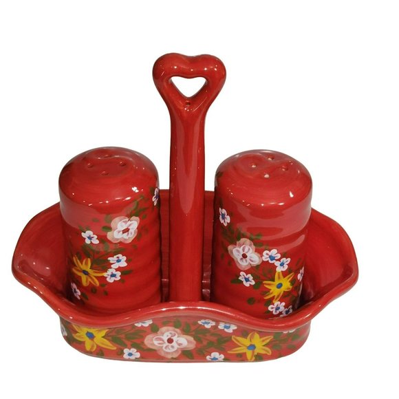 Handcrafted Ceramic Red Salt And Pepper Shakers With Caddy - Picture 15 of 16